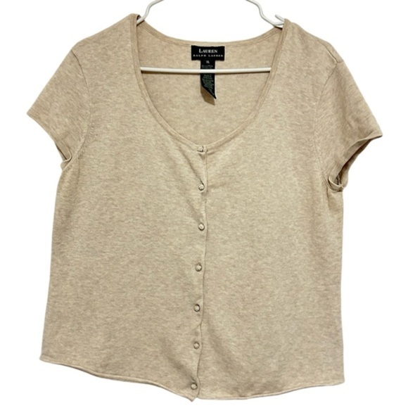 Ralph Lauren short sleeve cotton beige grey V-neck sweater with knot buttons- XL - Picture 2 of 5